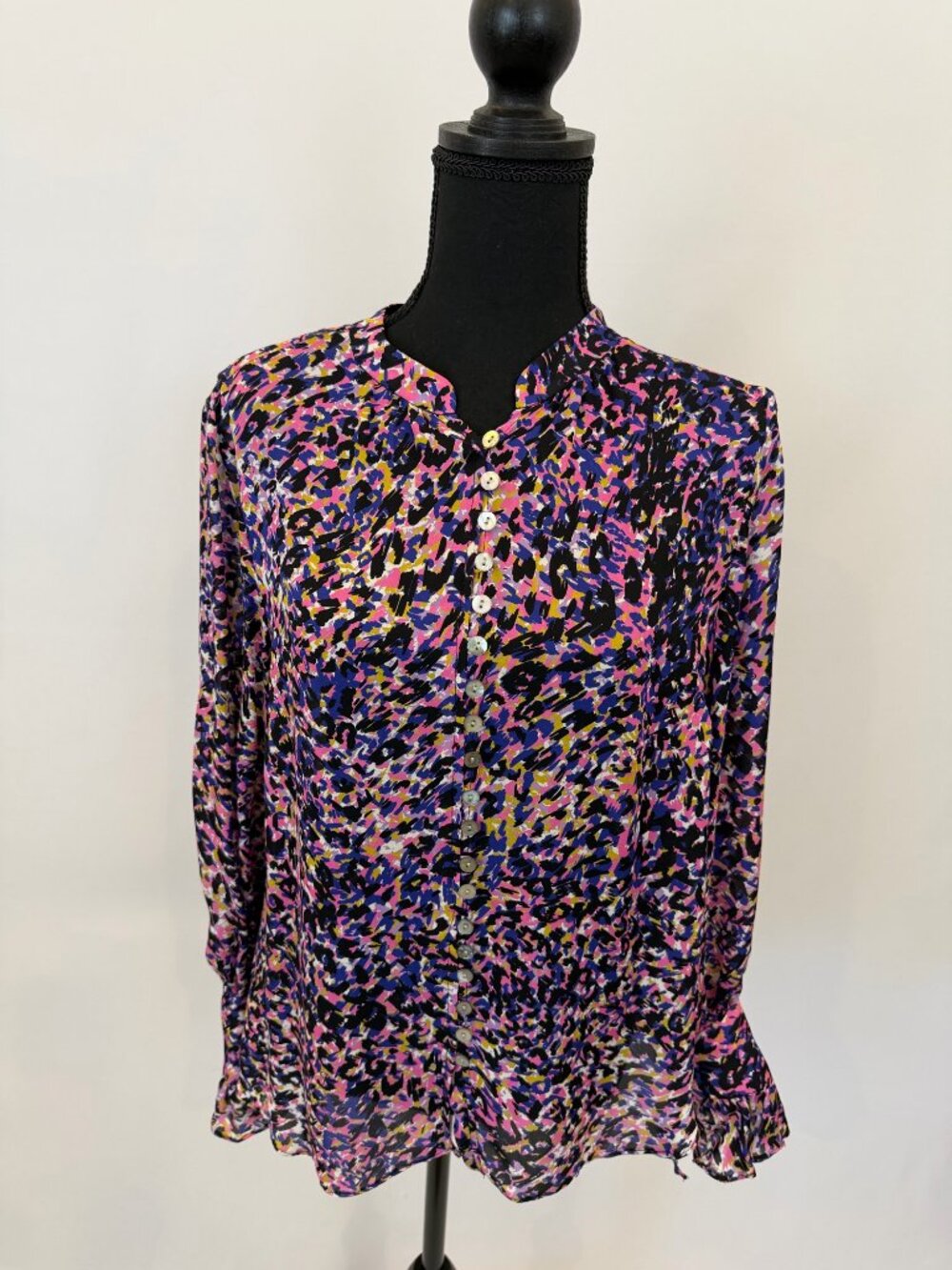Alice & Trixie Silk Blouse Pink Cobalt Leopard Ruffle Cuff L NWOT